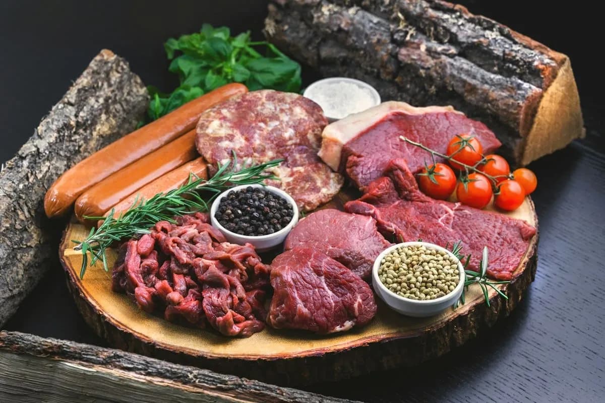 Sausages and cuts of beef on a board, ready for the grill