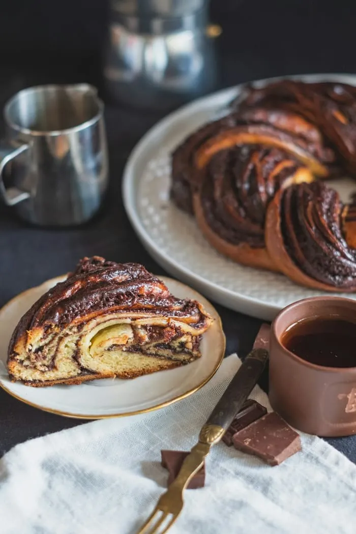Slices of chocolate babka on plates